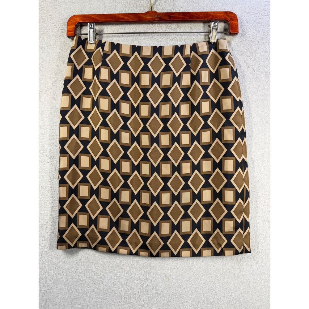 Ann Taylor Silk Skirt Women 10 Brown Geometric Diamond Print Pencil Knee Length